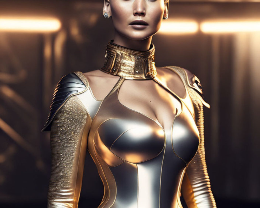 Futuristic female figure in metallic bodysuit with gold accents in dimly lit space