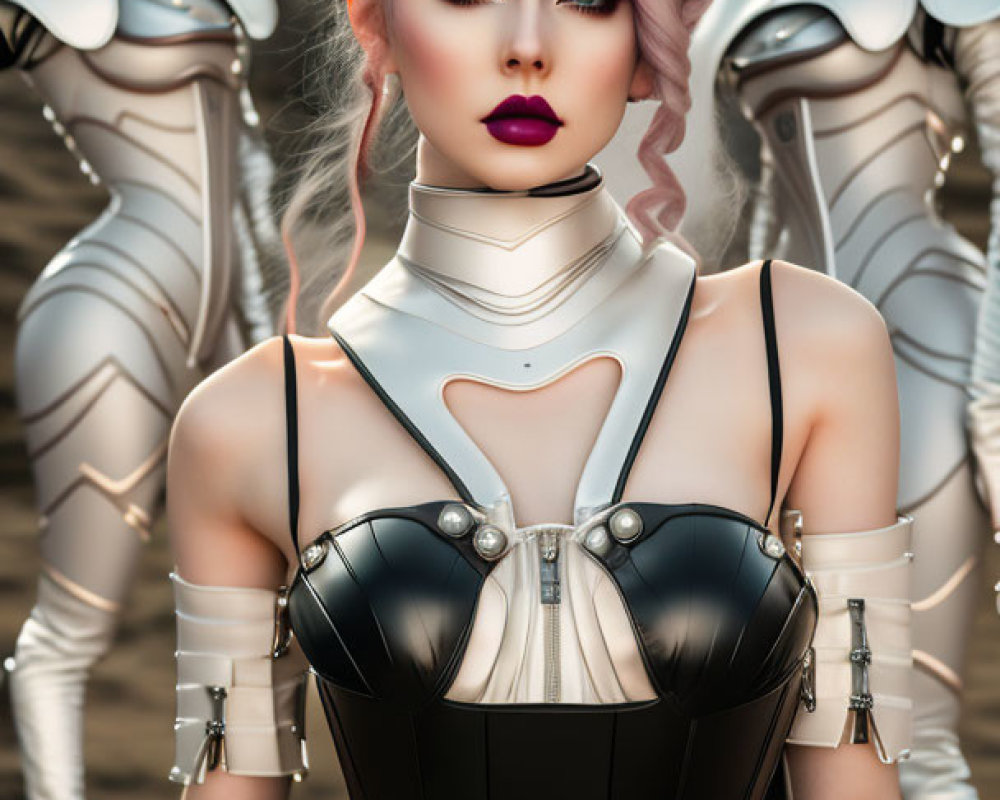 Lavender-haired woman in futuristic armor with figures in black and white outfits