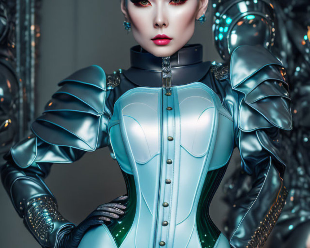 Futuristic woman in shiny blue bodysuit with metallic arm details