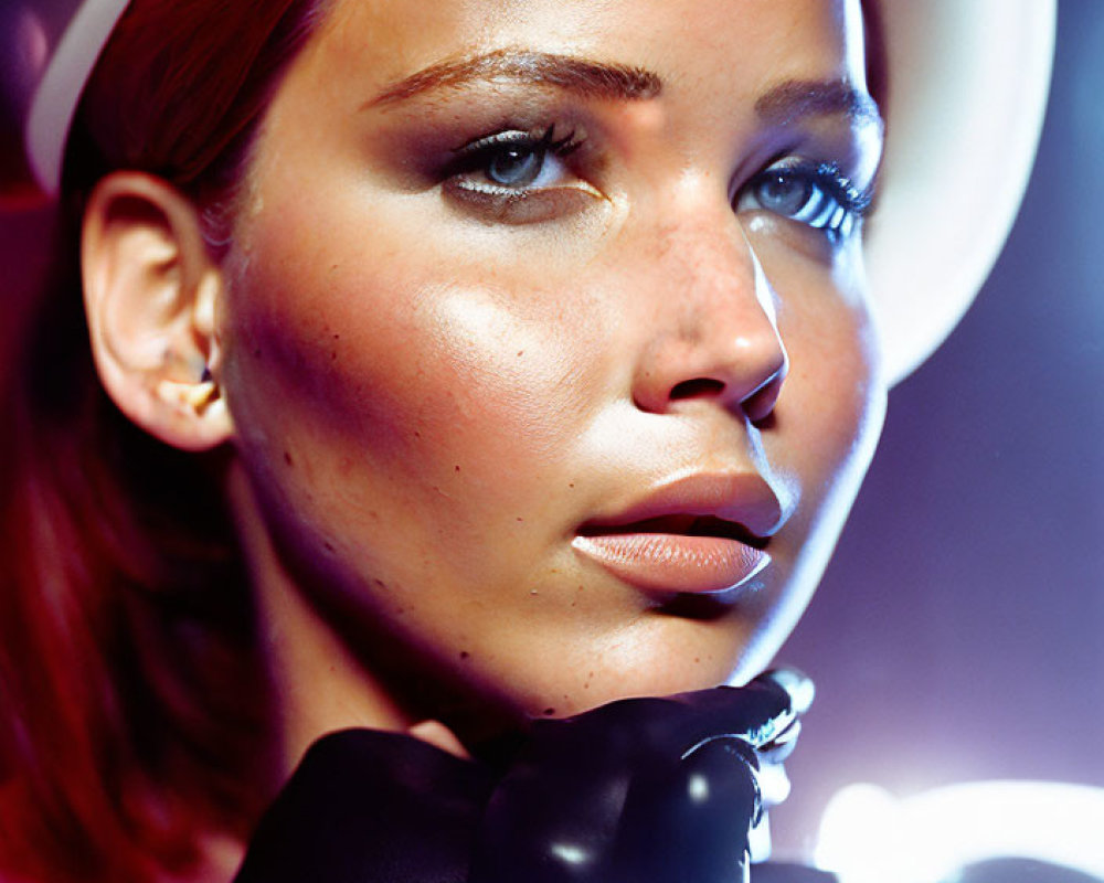 Red-haired woman in white hat and black gloves with dark lipstick in moody lighting