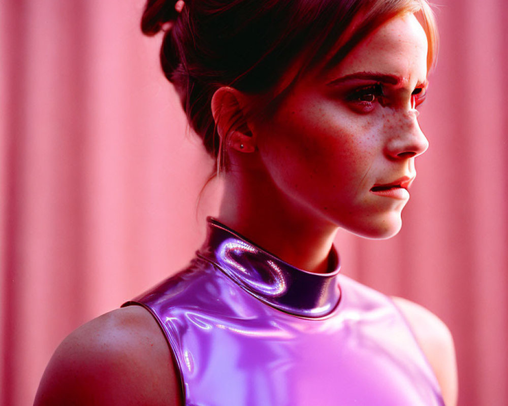 Freckled woman in purple top under soft pink light