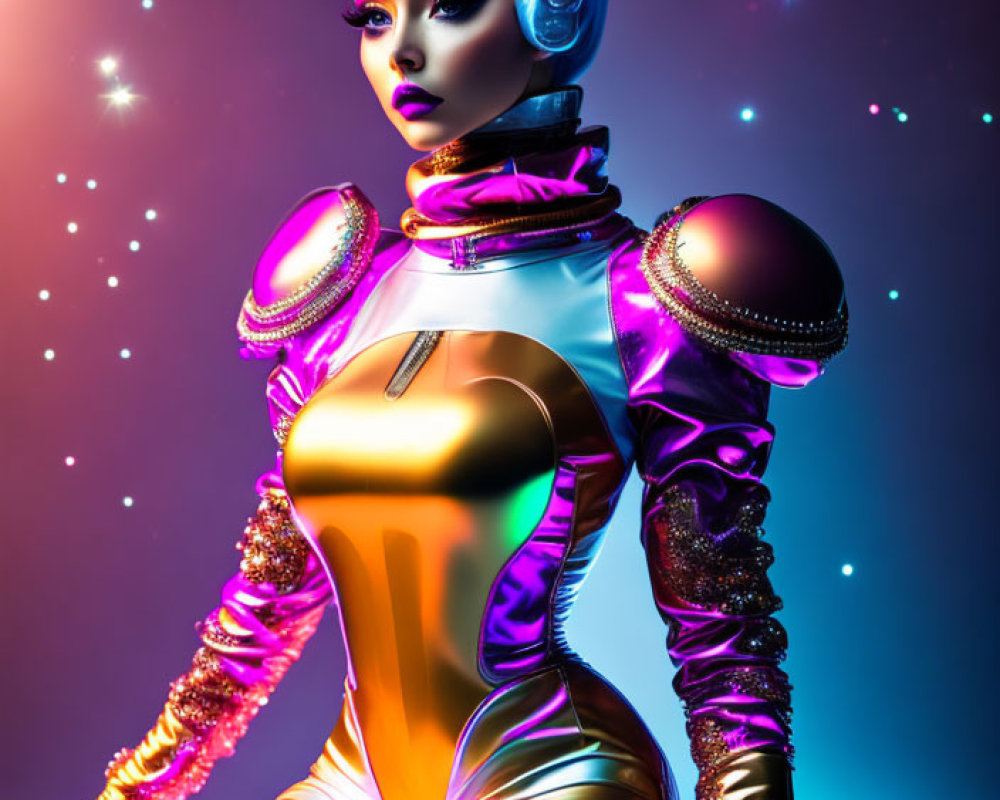 Futuristic female android with cat-like ears in metallic bodysuit