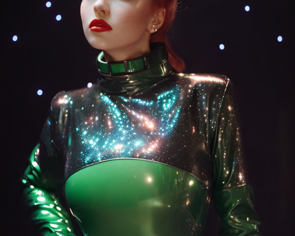 Red-haired woman in green galaxy bodysuit on dark backdrop.