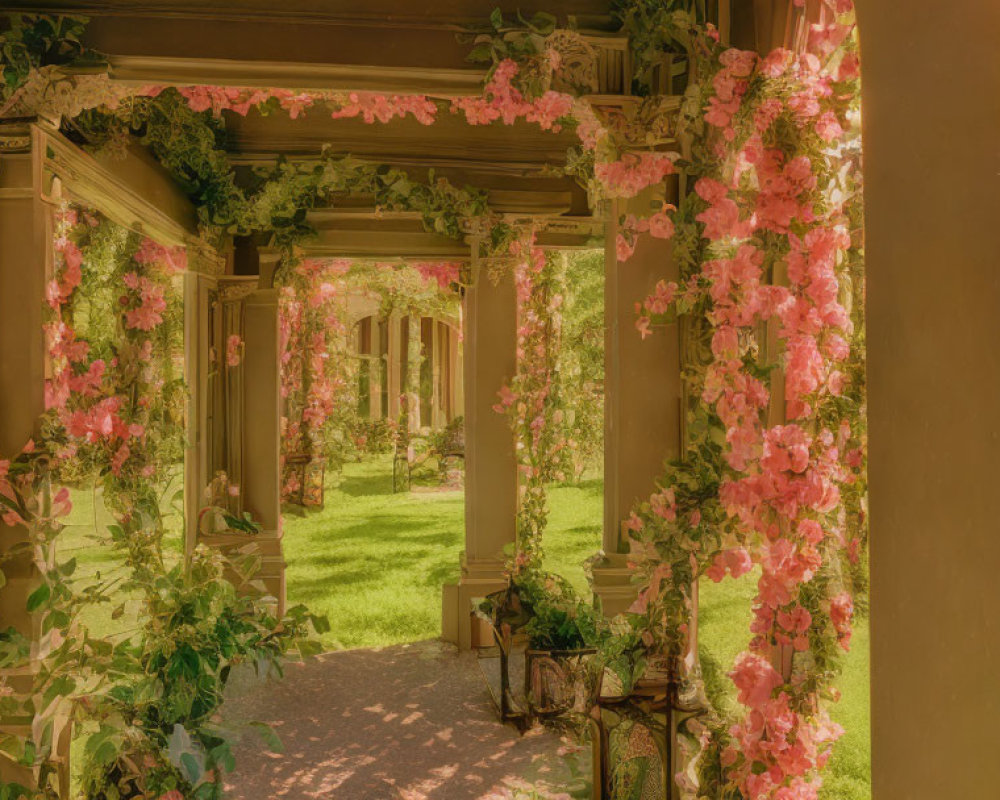 Tranquil garden pathway with pink flowering vines and pergola.