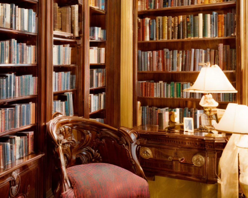 Floor-to-ceiling wooden bookshelves in a cozy home library