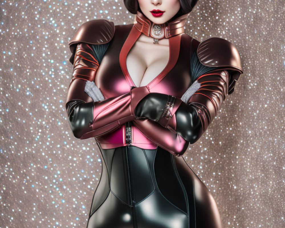 Futuristic female figure in black and pink bodysuit with metallic shoulder pads