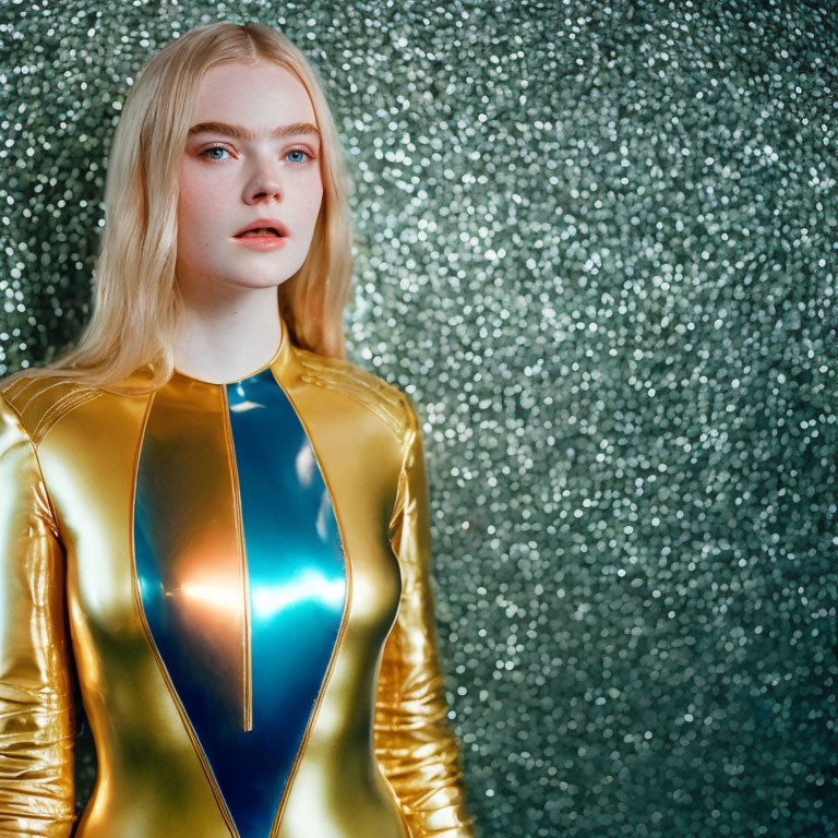 Blonde person in gold and blue bodysuit against glittery background