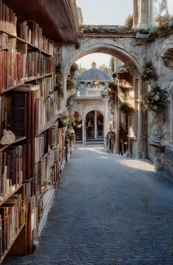 Cobblestone Passage with Bookshelves and Dome View