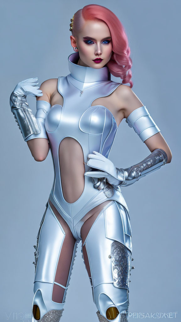 Pink-Haired Woman in Futuristic Silver Bodysuit with Cut-Outs and Intricate Patterns