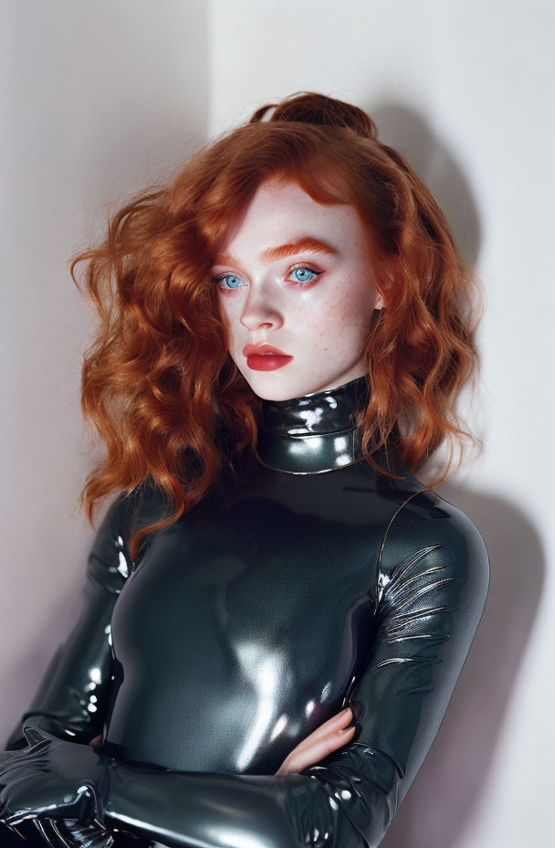 Striking Red-Haired Woman in Black Latex Bodysuit Pose