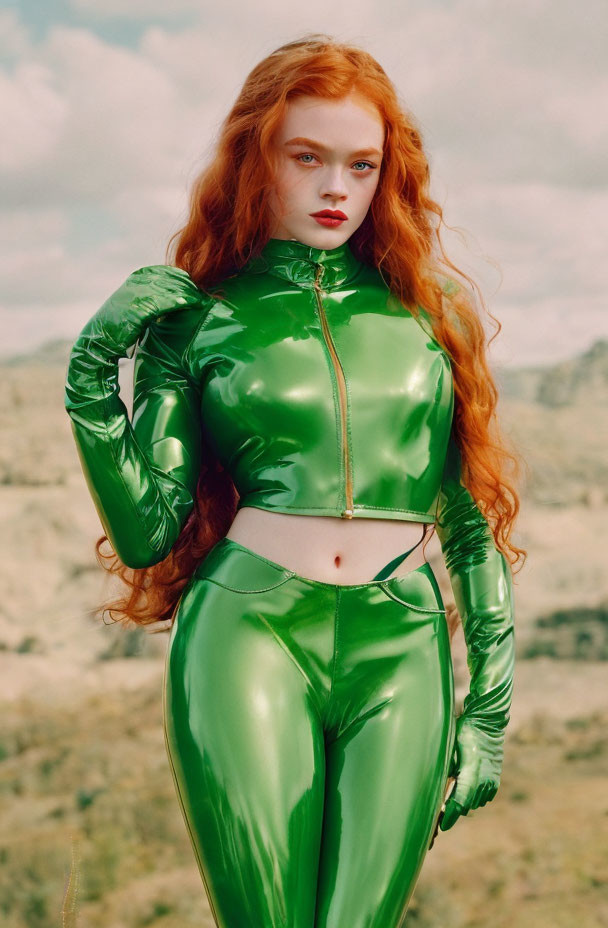 Red-haired woman in green catsuit against cloudy sky and grassy field