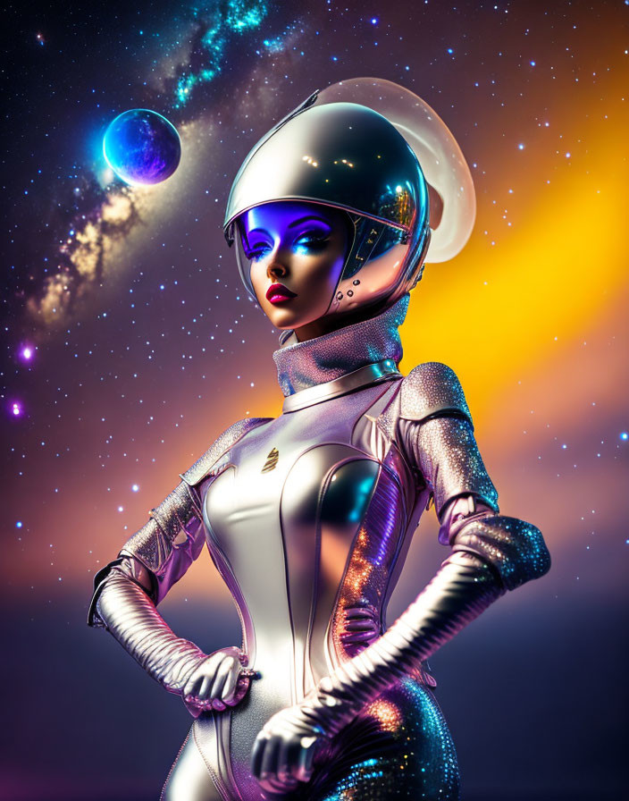 Futuristic woman in space suit with cosmic nebulas and planets