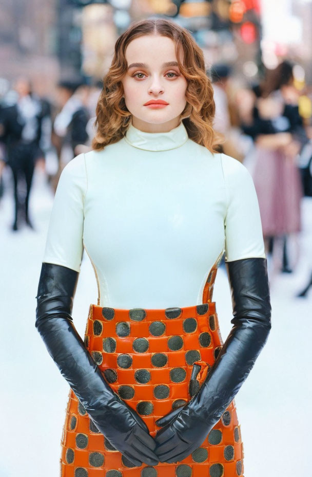 Curly Brown-Haired Woman in Blue Turtleneck and Orange Skirt Outdoors