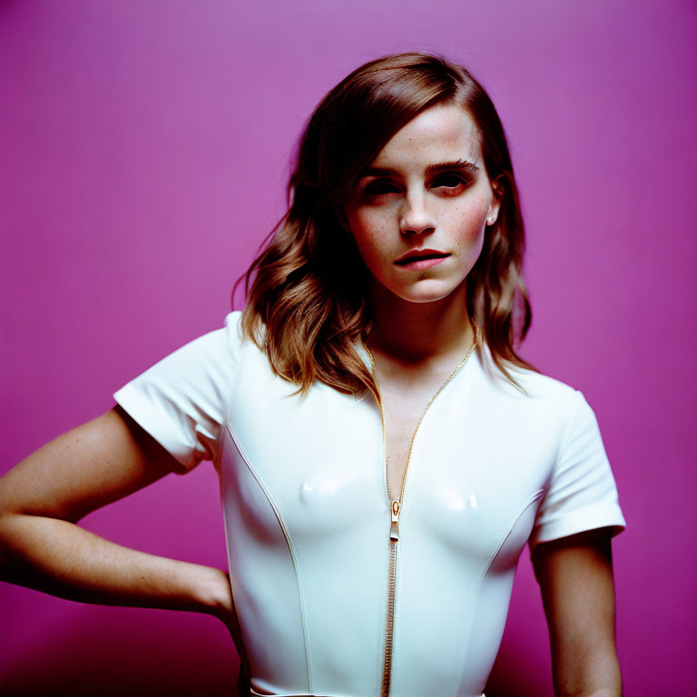 Short-Haired Woman in White Top on Purple Background