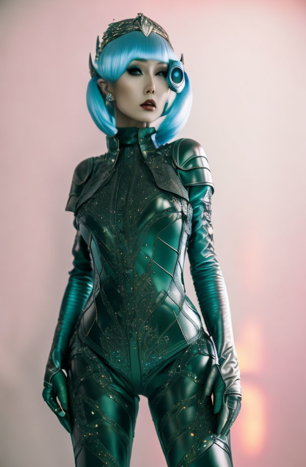 Futuristic teal bodysuit with ornate patterns and teal bob hairstyle