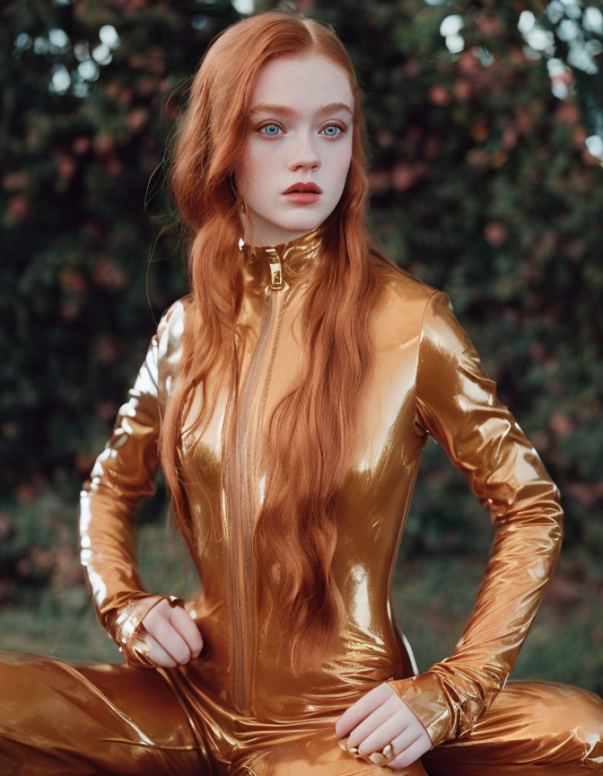 Red-haired woman in gold jumpsuit amid outdoor foliage.