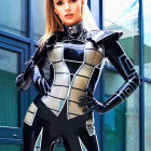 Person in Glossy Black Latex Suit Poses Against Geometric Shadows