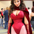 Woman in Red Latex Costume Poses Under Brown Structure