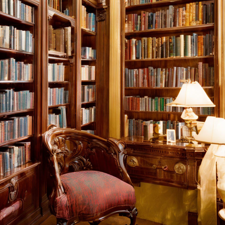 Floor-to-ceiling wooden bookshelves in a cozy home library