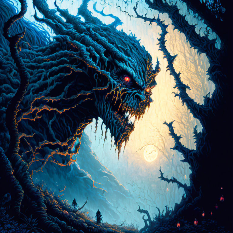 Fantastical blue-toned dragon illustration with glowing red eyes