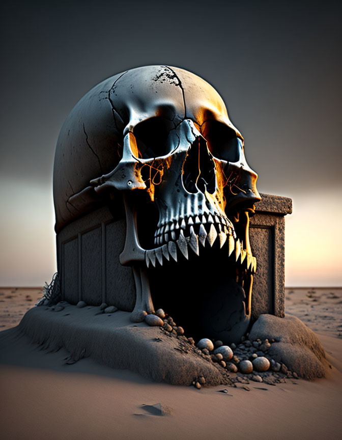 Digitally rendered skull with glowing orange cracks in sand against dusky sky