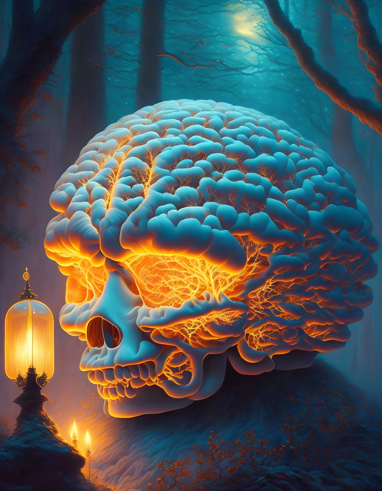 Illustration of skull and glowing brain in mystical forest with lantern