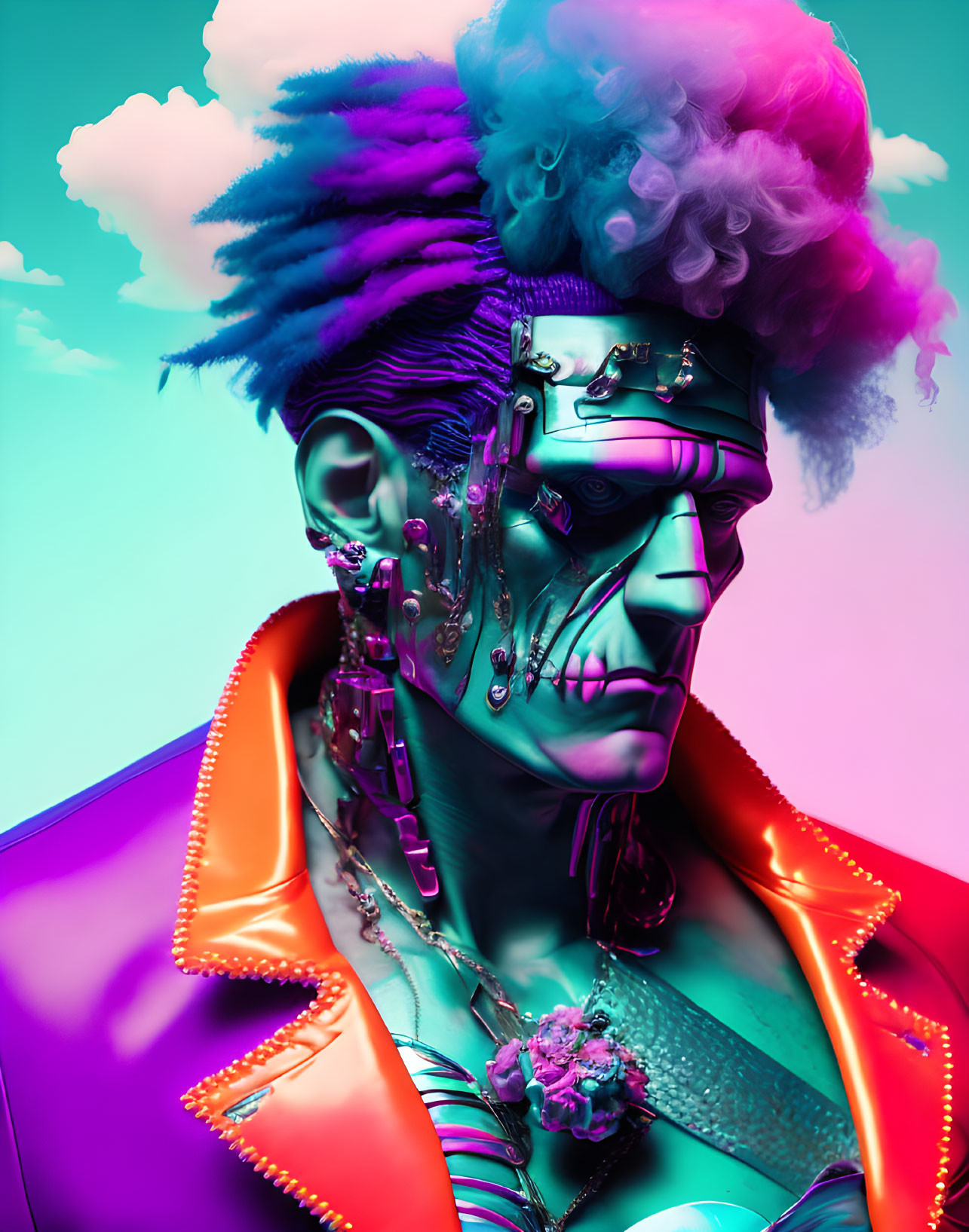 Colorful portrait of futuristic person with punk hairstyle and metallic facial adornments