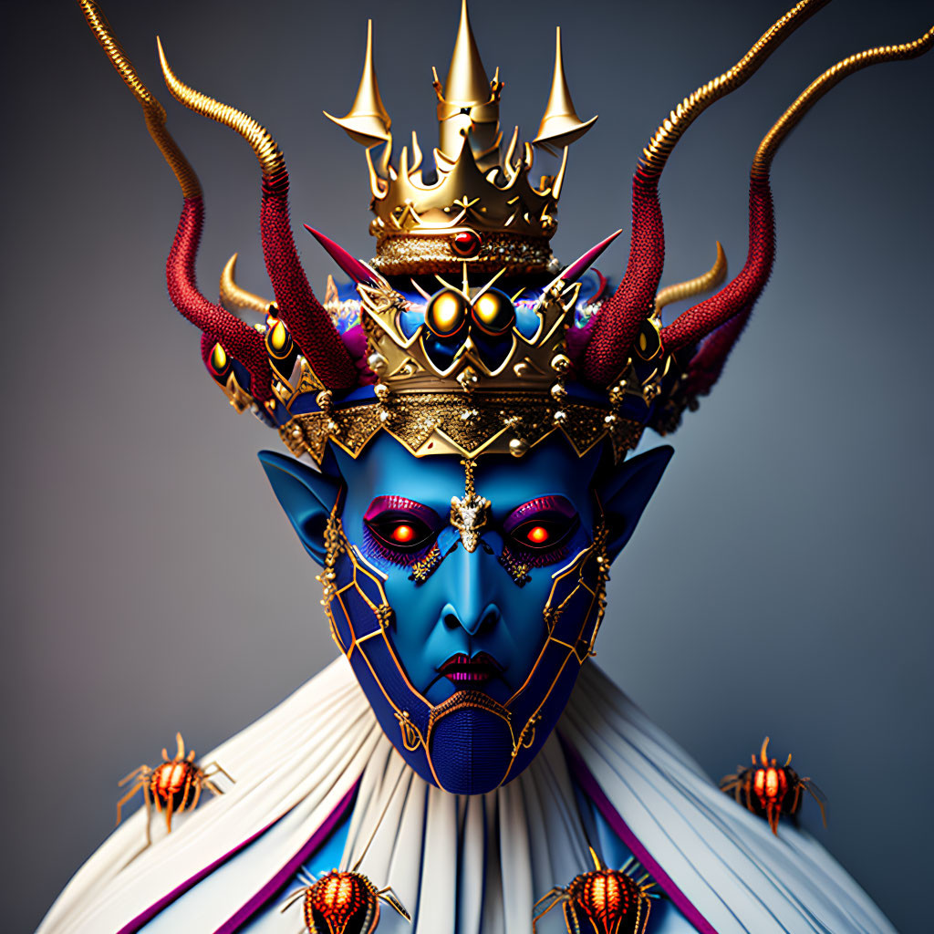 Stylized portrait of figure with blue skin, golden crown, jewelry, red and gold patterns,