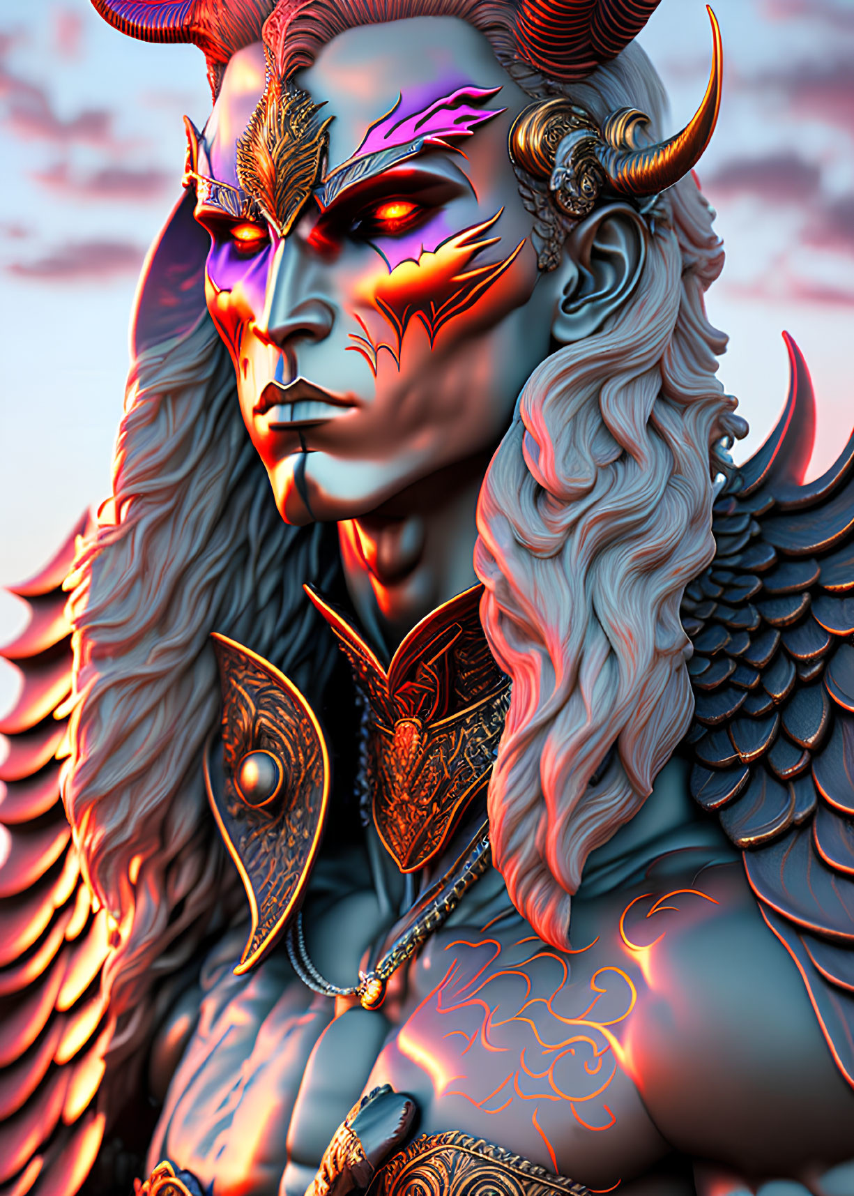 Fantasy character with horns and winged armor on warm background