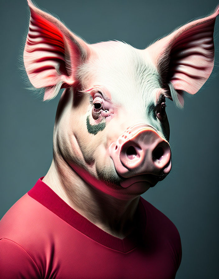 Surreal image: person with pig's head in red t-shirt on grey background