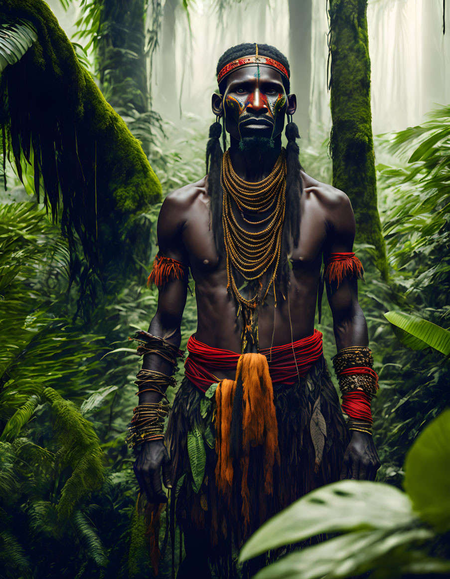 Person in Traditional Tribal Attire in Misty Jungle with Body Paint, Beaded Necklaces, and