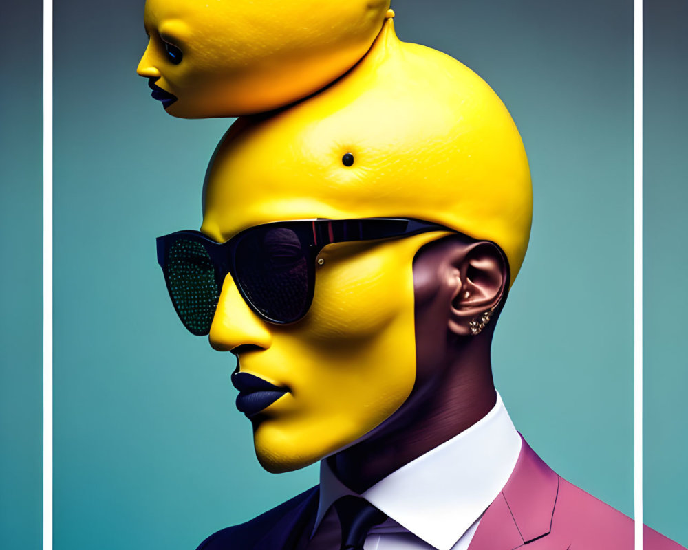 Person with Yellow Face Morphing Into Lemon in Pink Suit