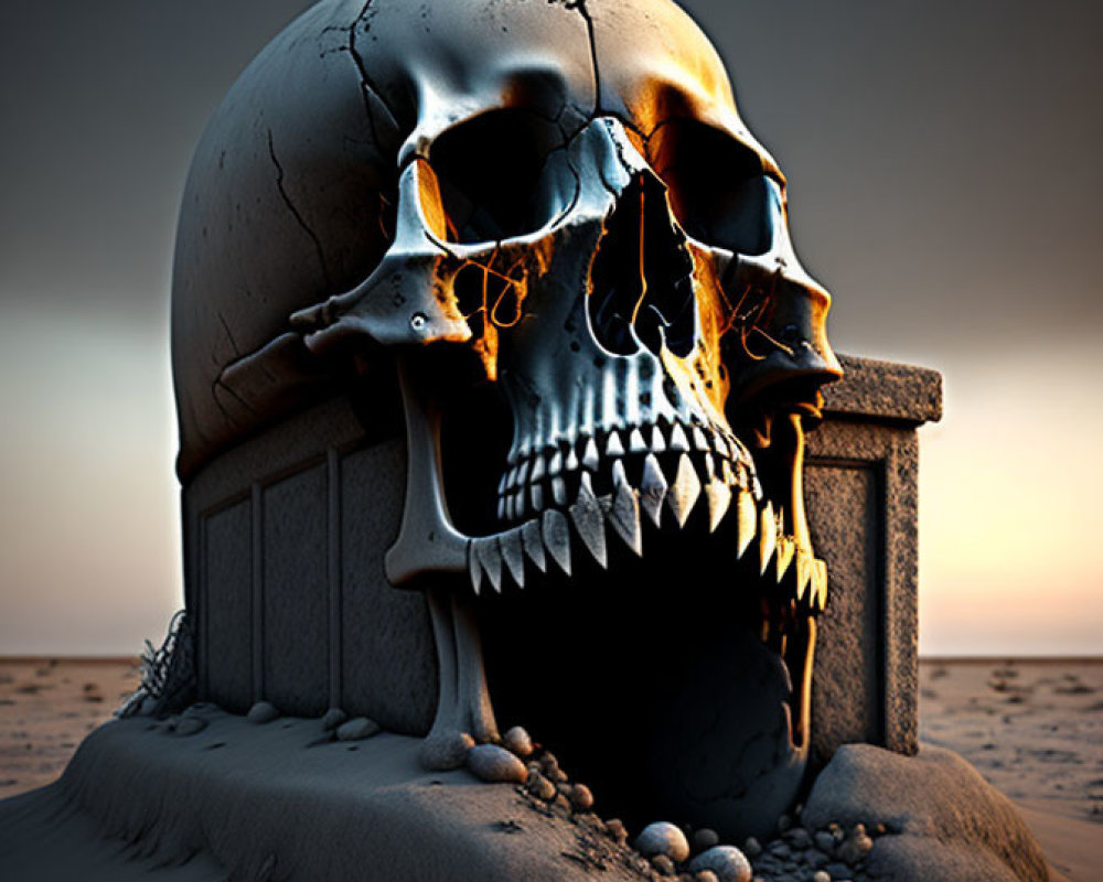 Digitally rendered skull with glowing orange cracks in sand against dusky sky