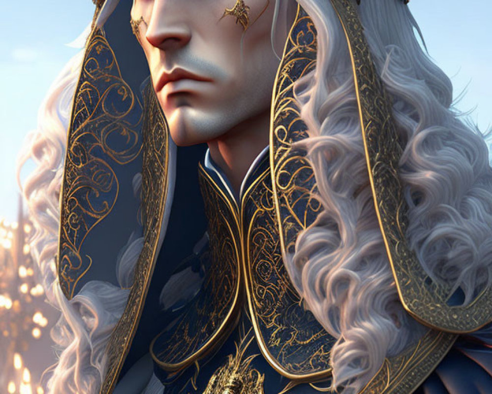 Regal Figure in Gold Armor with Pointed Ears and White Hair