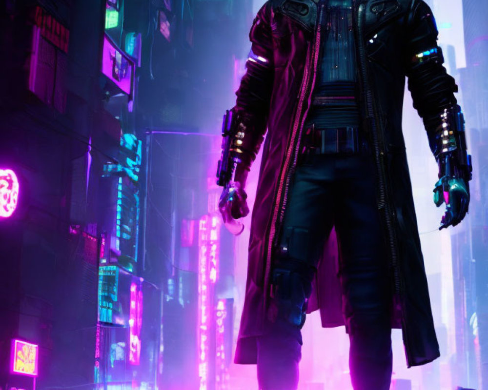 Futuristic outfit with glowing mask in neon-lit cyberpunk cityscape