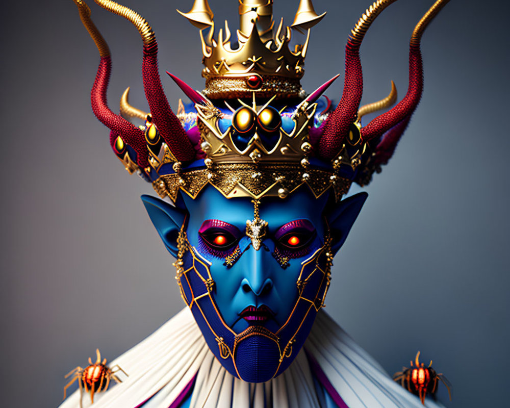 Stylized portrait of figure with blue skin, golden crown, jewelry, red and gold patterns,