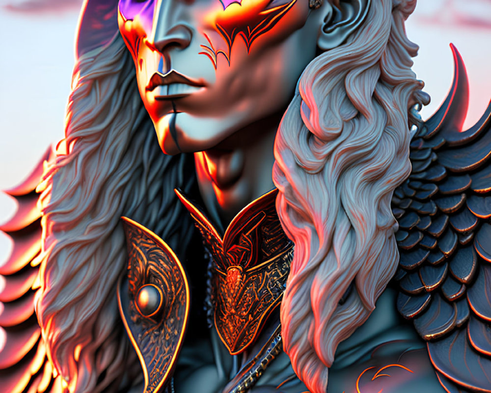 Fantasy character with horns and winged armor on warm background