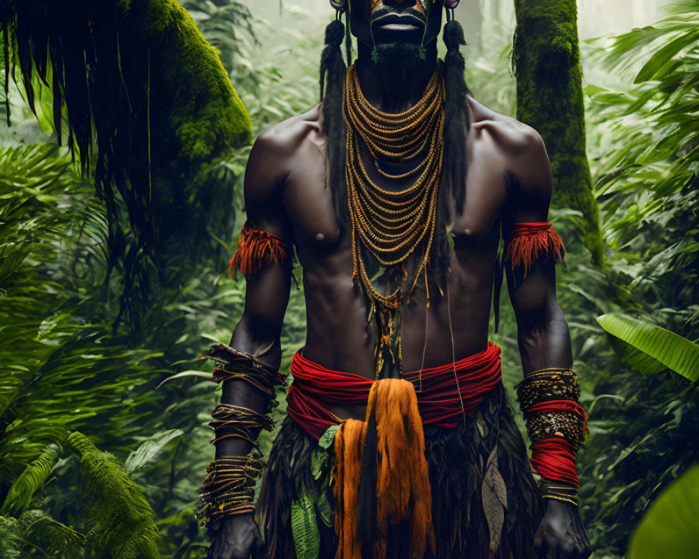 Person in Traditional Tribal Attire in Misty Jungle with Body Paint, Beaded Necklaces, and