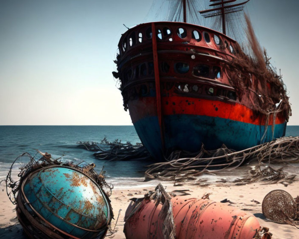 Old Red and Blue Ship with Tattered Sails on Sandy Shore