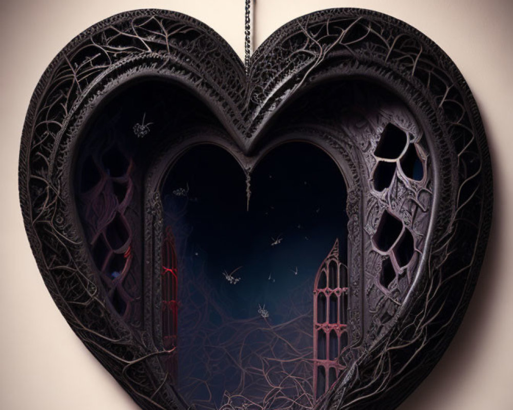 Ornate Heart-Shaped Frame with Gothic Architecture and Cosmic Background