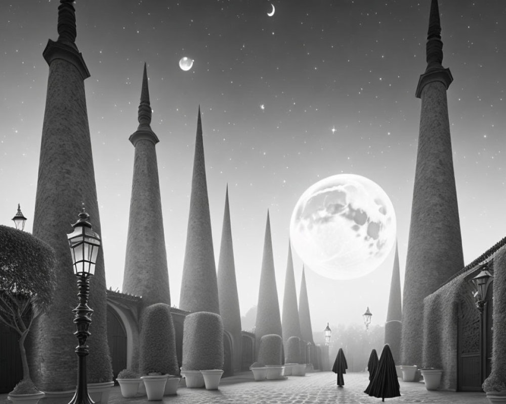 Nighttime monochrome fantasy landscape with moon, stars, topiary, lamppost, and