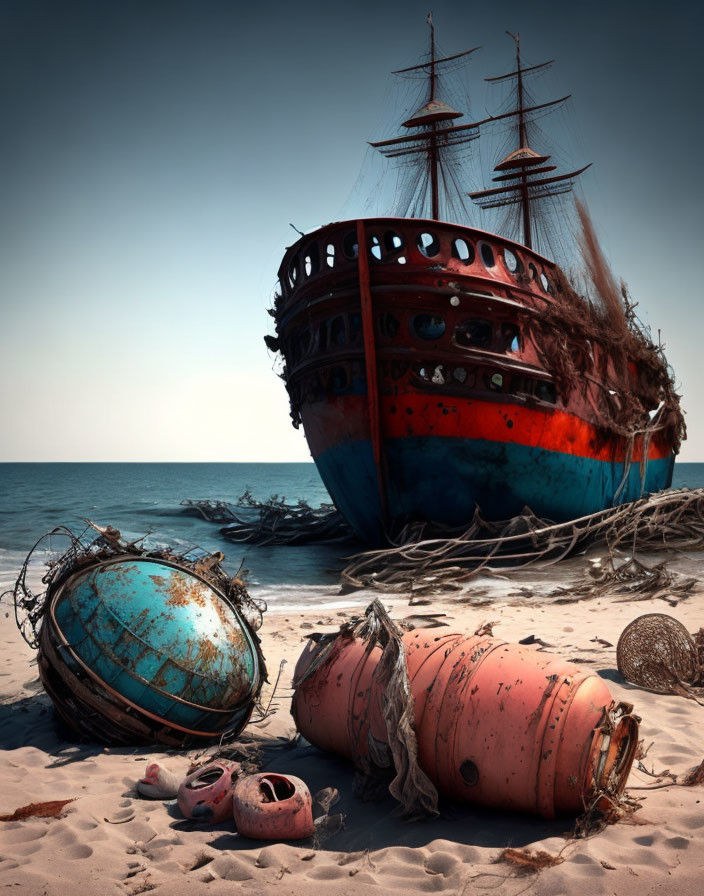 Old Red and Blue Ship with Tattered Sails on Sandy Shore