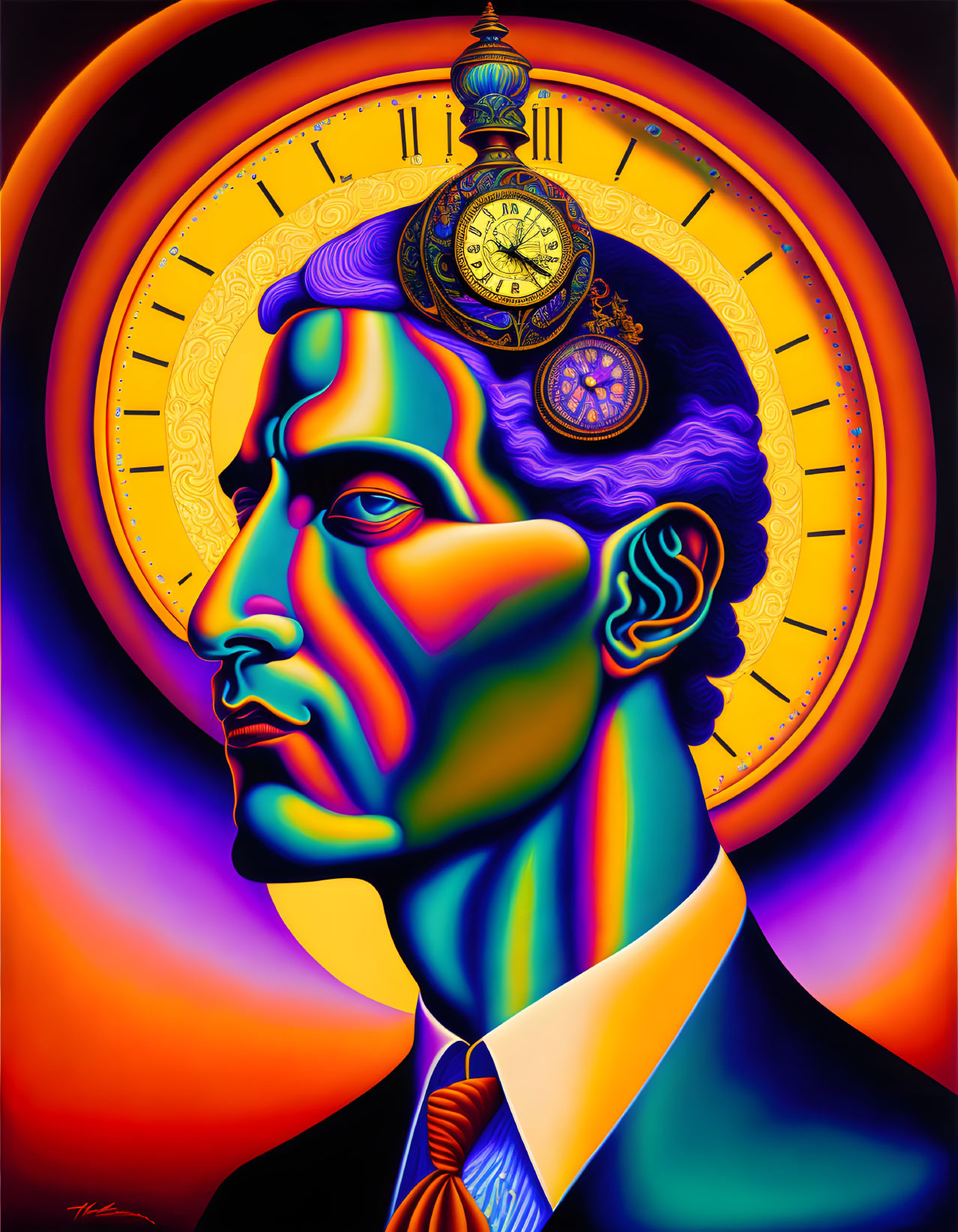 Colorful Surreal Portrait with Clock Elements and Abstract Time Motifs