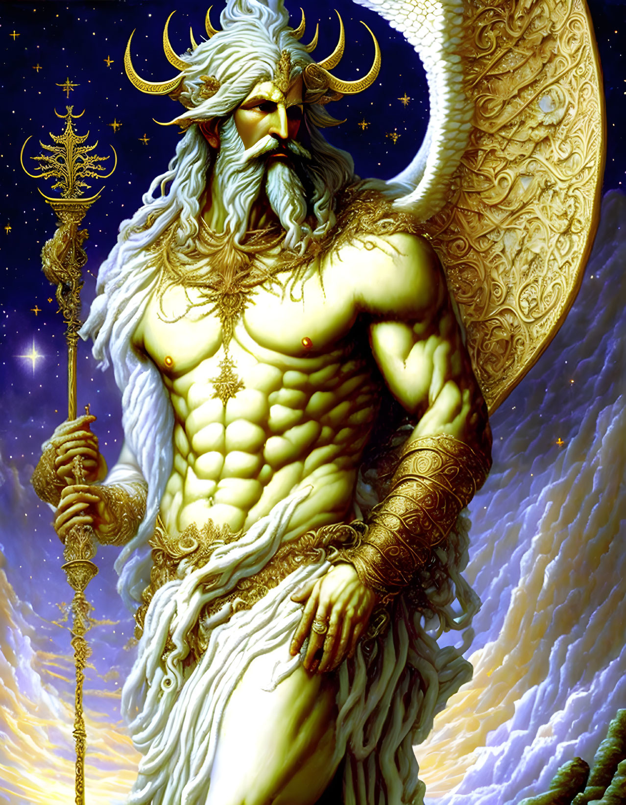 Muscular bearded figure with gold tattoos, wings, and staff in starry sky setting