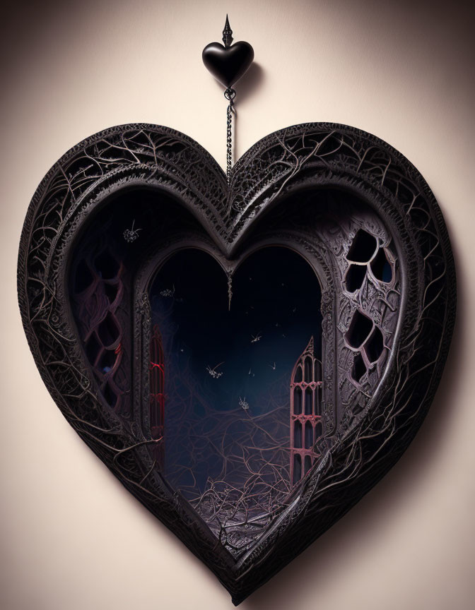 Ornate Heart-Shaped Frame with Gothic Architecture and Cosmic Background