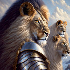 Regal lions with flowing manes in human-like pose against cloudy sky