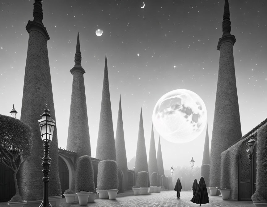 Nighttime monochrome fantasy landscape with moon, stars, topiary, lamppost, and