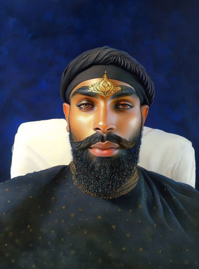 Portrait of a bearded man in a turban with golden forehead ornament on blue background