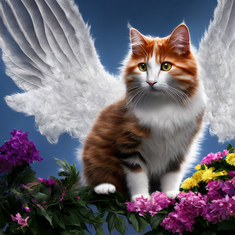 Fluffy Orange and White Cat with Angelic Wings Among Colorful Flowers