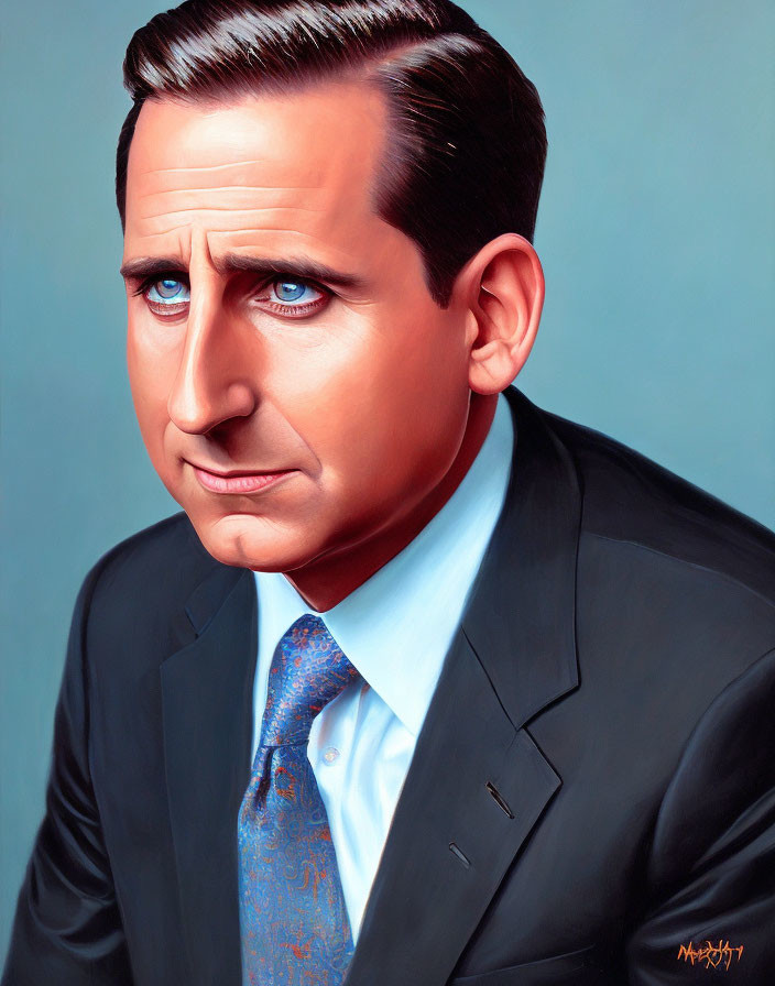 Hyperrealistic Illustration of Man in Dark Suit and Blue Tie